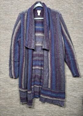 Chico's Long Cardigan Sweater Womens Size 3 US XL Purple Striped Super Soft